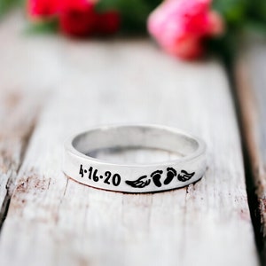 Stacking Ring - Child Loss - Angel Wings - Miscarriage Memorial Jewelry - Personalized Date - Dainty - Skinny Ring - Footprints - Baby Feet