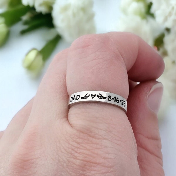 Personalized Name and Date Memorial Ring - Stacking Ring - Angel Wings - Loss of Dad - Mom - Friend - Custom Name Skinny Ring