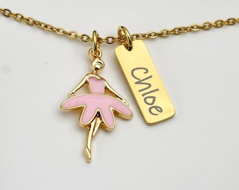 Personalized Ballerina Necklace - Gold Name Necklace - Little Girl Jewelry - Gift - Pink Ballerina - Girl Birthday Party Favor - Dance