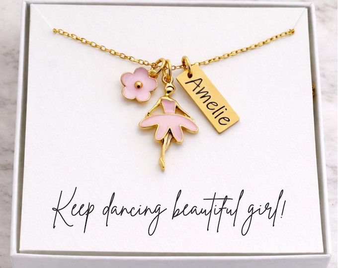 Personalized Ballerina Necklace, Pink Ballerina, Gold Name Necklace, Little Girl Jewelry, Gift, Ballet, Girl Birthday Party Favor, Dance