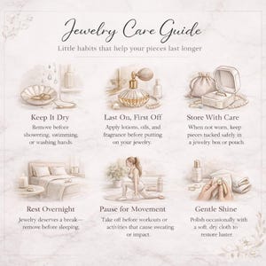 Może przedstawiać: Ilustrowany "Przewodnik po pielęgnacji biżuterii" z poradami dotyczącymi konserwacji biżuterii. Obraz zawiera wskaz&oacute;wki dotyczące pielęgnacji, takie jak zdejmowanie biżuterii przed prysznicem, przechowywanie i polerowanie miękką szmatką.