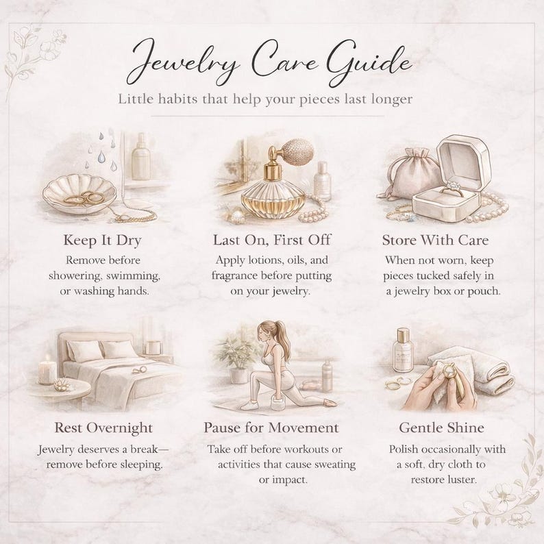 Może przedstawiać: Ilustrowany "Przewodnik po pielęgnacji biżuterii" z poradami dotyczącymi konserwacji biżuterii. Obraz zawiera wskaz&oacute;wki dotyczące pielęgnacji, takie jak zdejmowanie biżuterii przed prysznicem, przechowywanie i polerowanie miękką szmatką.