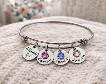 Personalized Charm Bracelet Gift for Mom Bangle Bracelets for Women Handmade Personalized Jewelry Gift Name Bracelet for Grandma Birthstones
