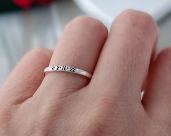 Date Ring - Personalized Sterling Silver Ring With Your Date - Custom Stacking Ring - Engraved - Hand Stamped - Personalized Dainty Ring