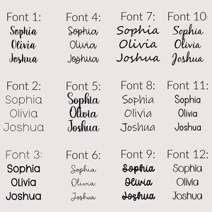 Pode incluir: Uma compara&ccedil;&atilde;o de 12 fontes diferentes, cada uma exibindo os nomes Sophia, Olivia e Joshua. As fontes s&atilde;o exibidas em tr&ecirc;s linhas de quatro fontes cada.