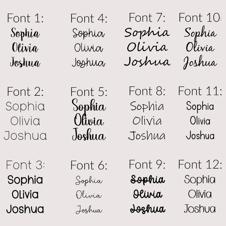 Pode incluir: Uma compara&ccedil;&atilde;o de 12 fontes diferentes, cada uma exibindo os nomes Sophia, Olivia e Joshua. As fontes s&atilde;o exibidas em tr&ecirc;s linhas de quatro fontes cada.