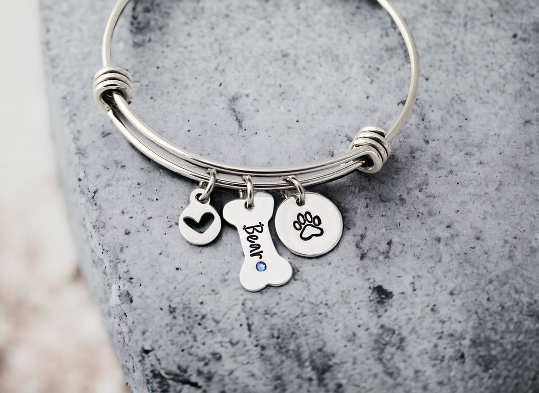 Personalized Dog Bracelet, Dog Mom Bangle Bracelet, Paw Print, Dog
