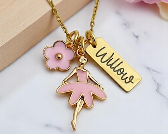Personalized Ballerina Necklace: Pink Enamel, Gold Name Bar