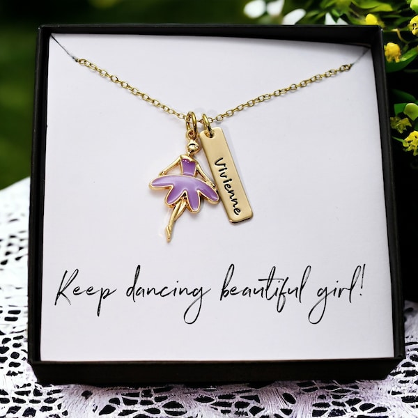 Personalized Ballerina Necklace, Gold Name Necklace, Little Girl Jewelry, Purple Ballerina, Birthday Party Favor, Dance Gift, Niece Daughter