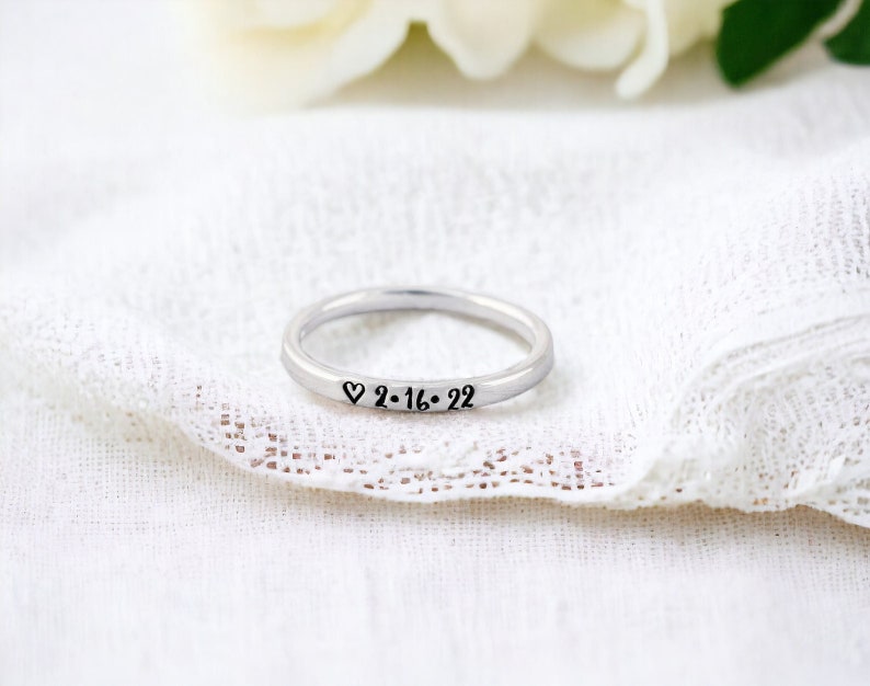 Date Ring Personalized Sterling Silver Ring With Your Date Custom Stacking Ring Engraved Hand Stamped Personalized Finger Ring image 1