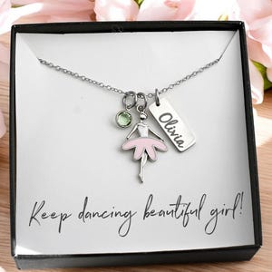 Personalized Ballerina Necklace, Silver Name Necklace, Birthstone, Little Girl Jewelry, Pink Ballerina, Girl Dance Recital Gift, Dance Gift