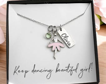 Personalized Ballerina Necklace, Silver Name Necklace, Birthstone, Little Girl Jewelry, Pink Ballerina, Girl Dance Recital Gift, Dance Gift
