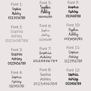 May include: Twelve different font styles for the names Sophia and Ashley, along with the phone number 0123456789.