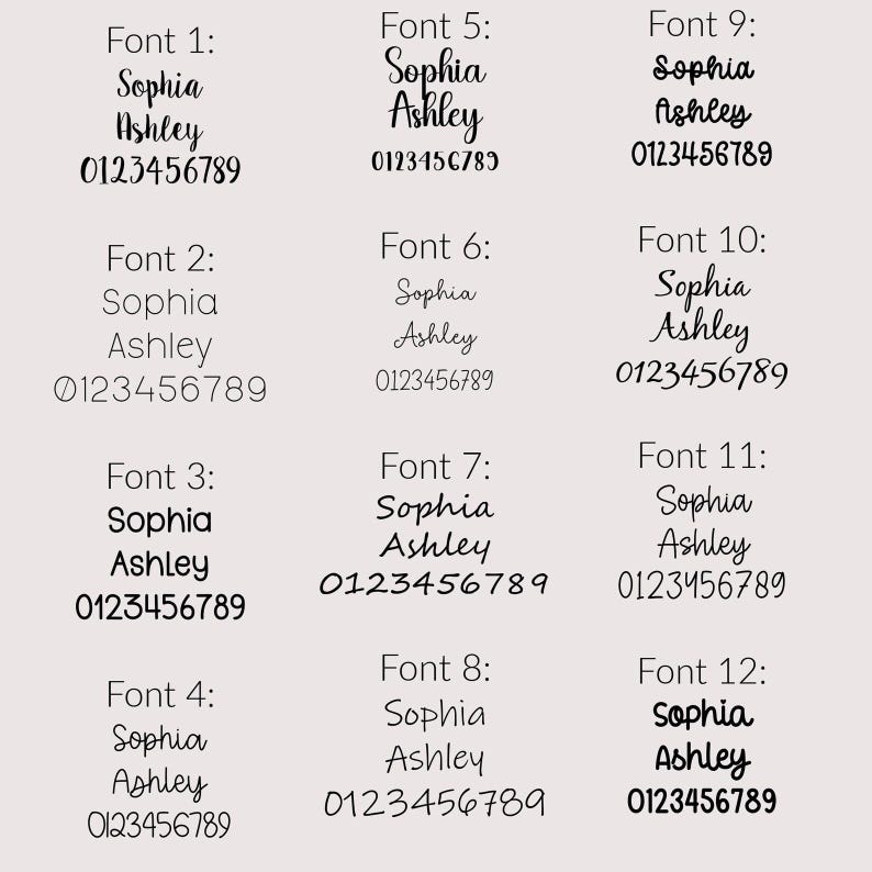 May include: Twelve different font styles for the names Sophia and Ashley, along with the phone number 0123456789.