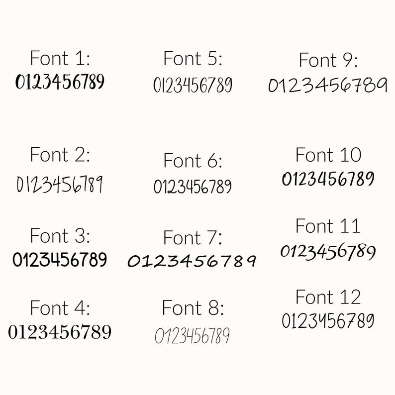 Może przedstawiać: Na białym tle zaprezentowano dwanaście pr&oacute;bek czcionek, każda oznaczona numerem czcionki i cyframi 0123456789. Czcionki r&oacute;żnią się stylem, w tym opcjami pogrubionymi, kursywą i bezszeryfowymi, prezentując r&oacute;żnorodne wybory typograficzne.