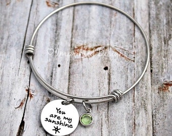 You Are My Sunshine - Charm Bracelet - Family Tree - Mother Bracelet - Personalized - Adjustable - Hand Stamped Jewelry - Mom - Grandma
