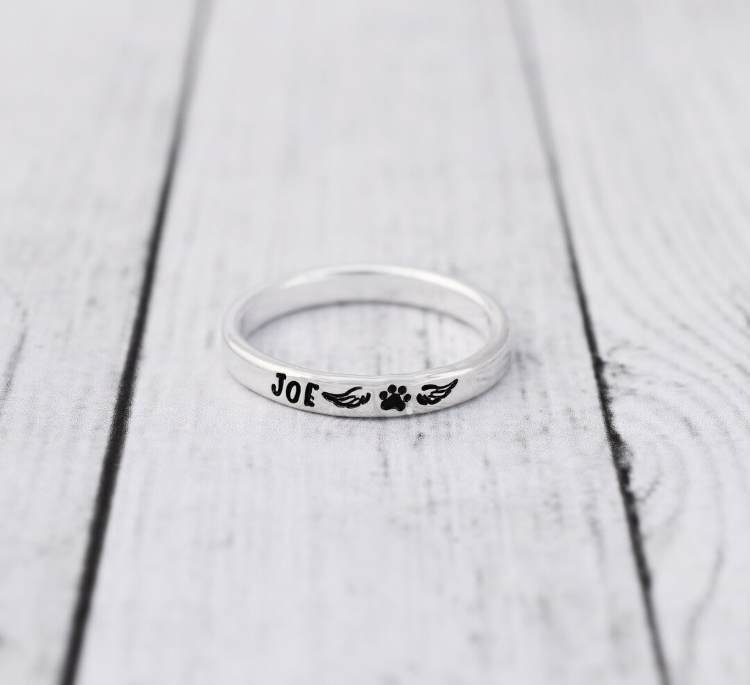 Dog Name Memorial Ring Winged Paw Print Pet Ring Small Etsy