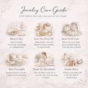 Puede incluir: Una gu&iacute;a de cuidado de joyas con consejos para el mantenimiento de las joyas. La gu&iacute;a incluye ilustraciones y texto con consejos sobre c&oacute;mo mantener las joyas secas, guardarlas correctamente y evitar la exposici&oacute;n a lociones y sudor. El t&iacute;tulo es "Gu&iacute;a de cuidado de joyas".