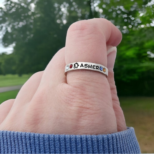 Stacking Ring - Autism Awareness Jewelry - Puzzle Piece - Skinny Ring - Stackable - Blue Stone or Birthstone - Autism Spectrum - ASD - Name