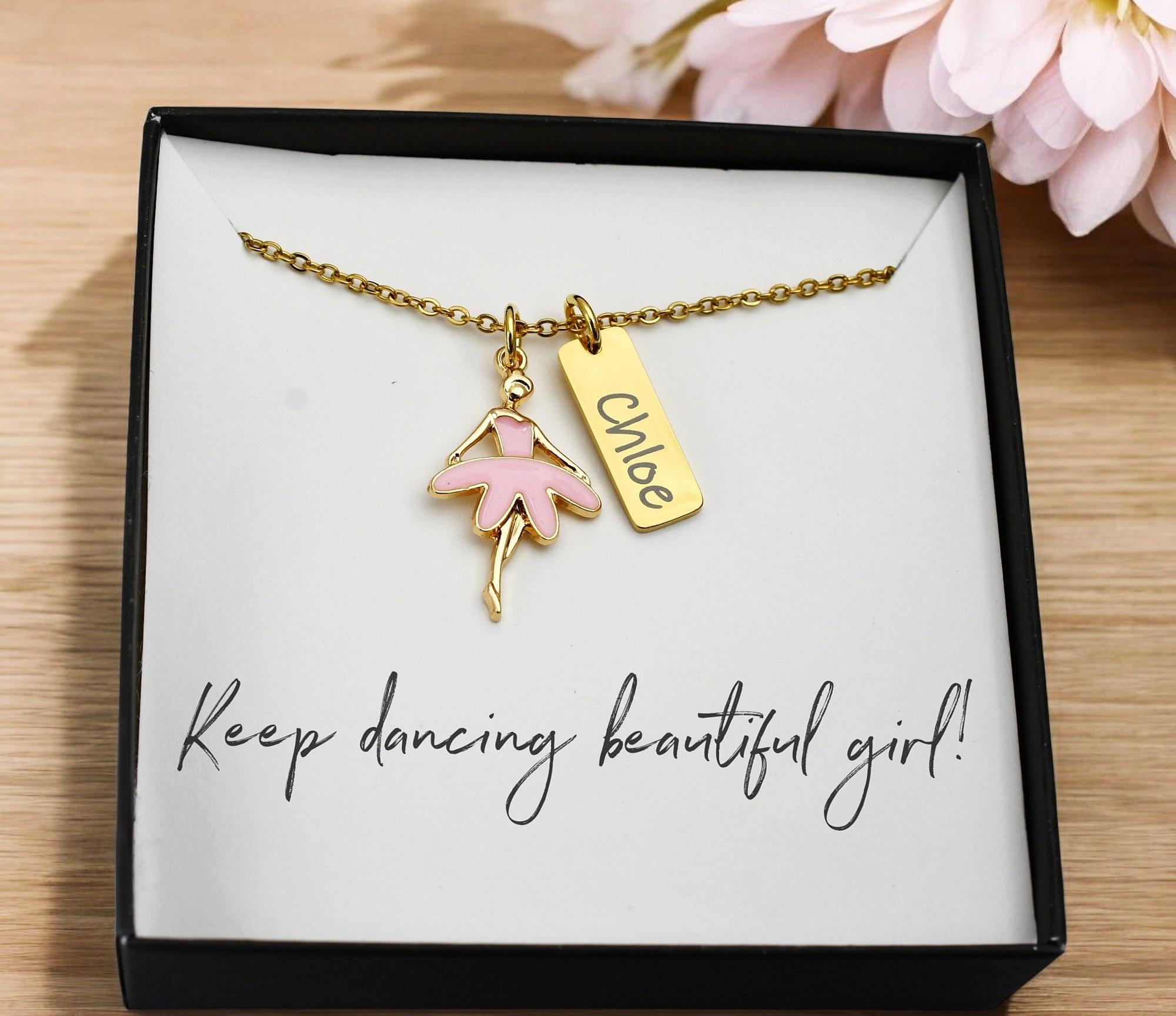 Personalized Ballerina Necklace - Gold Name Necklace - Little Girl Jewelry - Gift - Pink Ballerina - Girl Birthday Party Favor - Dance