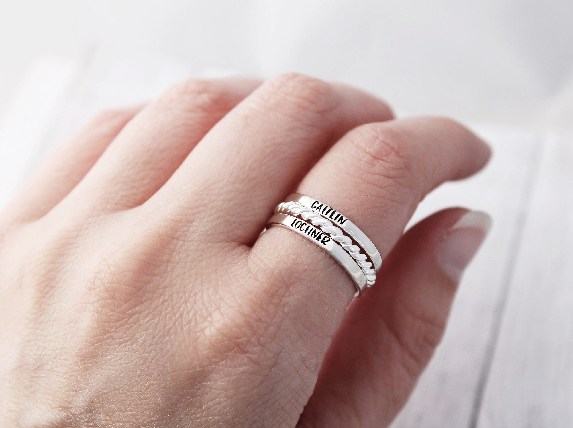 Stacking Name Ring Kids Names Stacked Mom Rings Personalized Set of 3 Layering Sterling Silver Stackable Ring Mom Gift 2 Kids