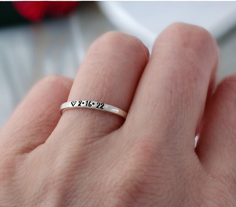 Date Ring Personalized Sterling Silver Ring With Your Date Custom Stacking Ring Engraved Hand Stamped Personalized Finger Ring image 2