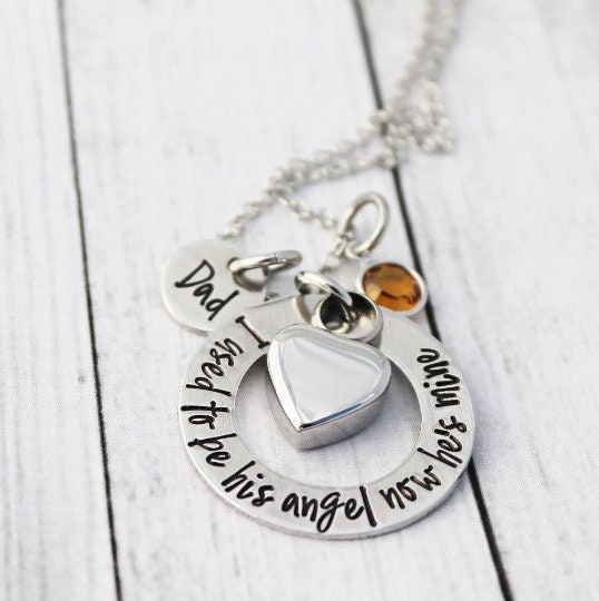 Cremation Jewelry - Urn Bracelet - Necklace - Memorial Jewelry - I used to be his angel now he's mine -Dad-Sympathy Gift- Cremains-for Ashes