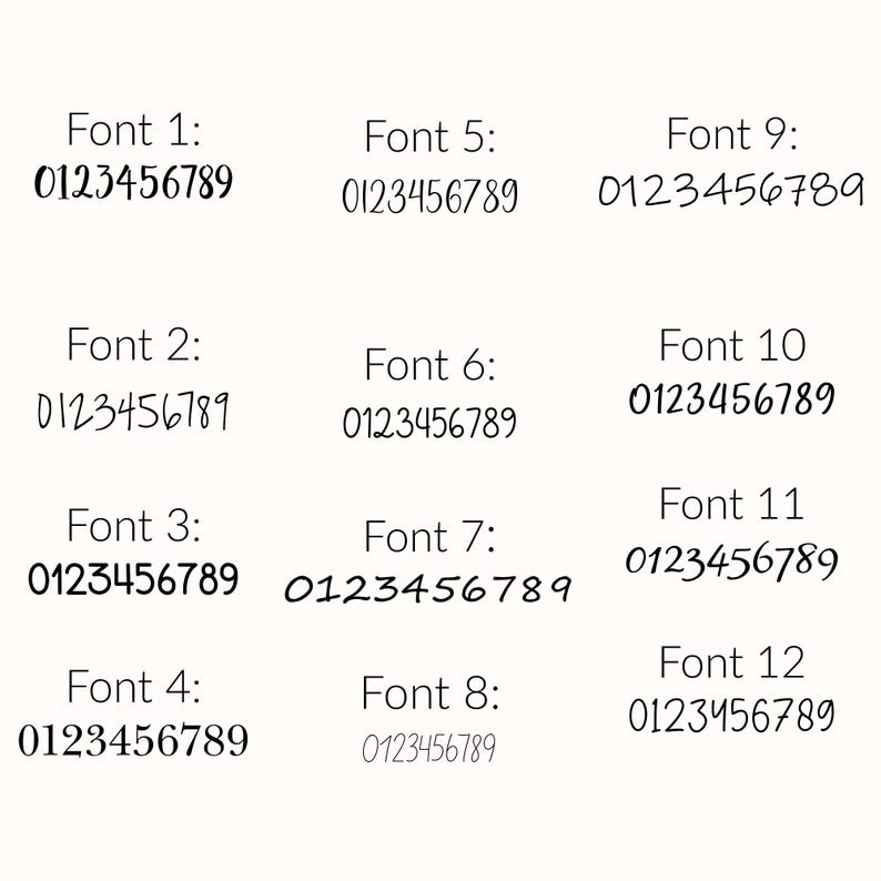 Puede incluir: Un fondo blanco muestra doce estilos de fuente diferentes, cada uno con los n&uacute;meros 0123456789. Cada fuente est&aacute; etiquetada con un n&uacute;mero, como "Fuente 1:" y "Fuente 2:" para diferenciar los estilos. Las fuentes var&iacute;an en estilo.
