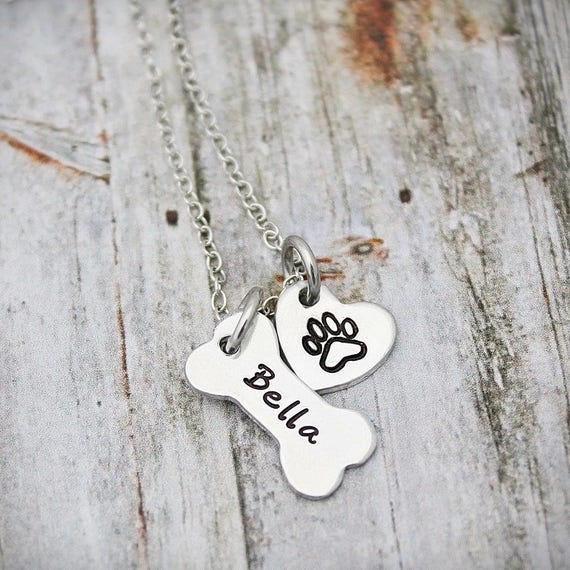 ME Designs Personalized Memorial Fine Silver Hand Made Artisan Jewelry Dog Lovers Large Custom Dog Necklace with Name and Paws