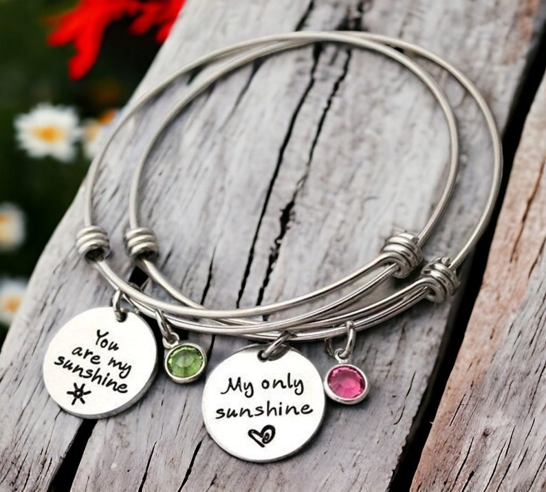 You Are My Sunshine Charm Bangle Wire Bracelet Mother Bracelet Personalized Adjustable Layered Set Of 2 Mom Grandma image 1