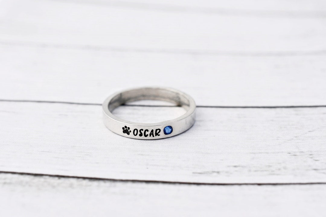 Personalized Pet Name Ring Stacking Ring Tiny Paw Print Etsy