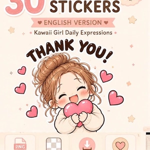 以下が含まれることがあります： お団子ヘアの女の子がピンクのハートを持っている30種類のデジタルステッカーセット。テキストにはPapikoShop、30 DIGITAL STICKERS、Kawaii Girl Daily Expressions、THANK YOU、PNG FILES、TRANSPARENT BACKGROUND、INSTANT DOWNLOADと記載されています。