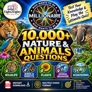 Könnte beinhalten: Eine digitale Produktgrafik mit dem Titel Who Wants to Be a Millionaire und 10.000+ Nature & Animals Questions. Das Design zeigt Bilder eines Löwen, Elefanten, einer Giraffe, eines Eisvogels, Tigers, Delfins und einer Sonnenblume mit Symbolen.