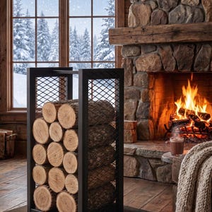 May include: A black metal firewood rack with a diamond-patterned mesh side panel, holding a stack of cylindrical, light-brown wooden logs. The rack features a rectangular frame design and is positioned on a dark, flat base near a stone fireplace.