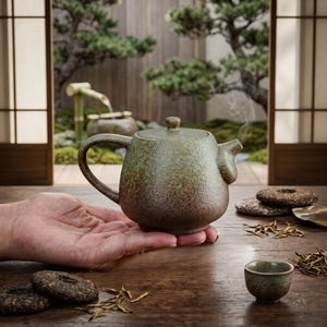 Tetera de cerámica artesanal / Estilo rústico japonés / Gres verde musgo / Hervidor con asa lateral