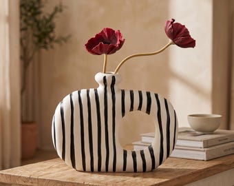 Sculptural Vase | Black and White Striped Ceramic Knot Design, Modern Shelf Decor