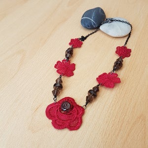Smokey quartz necklace, Lace flower necklace, Red necklace, black necklace, Gift for her, Handmade jewellery, Teenager jewellery, ladies