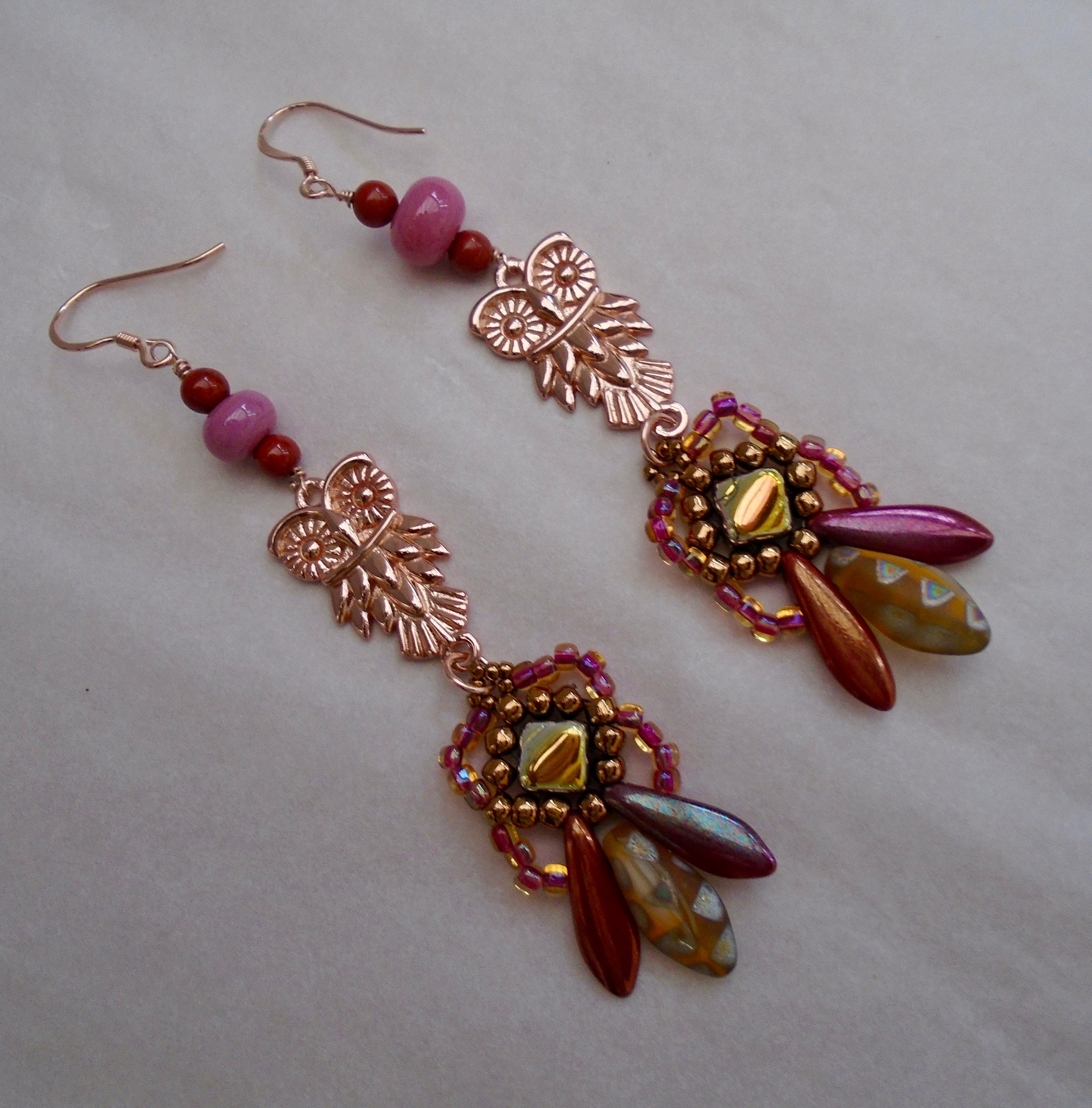 Gold Owl Dangle Earrings: Beaded Lampwork Glass Charm Jewelry