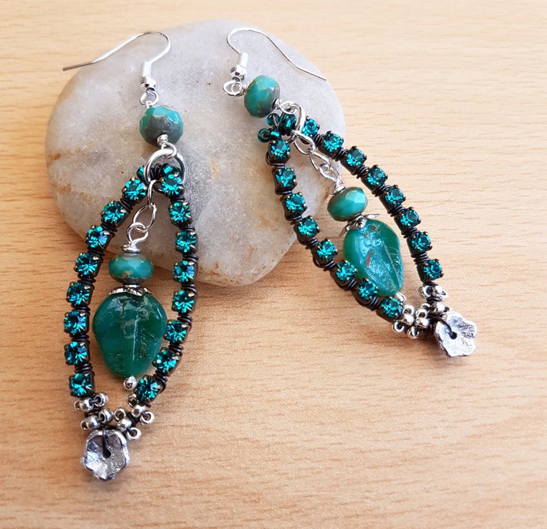 Rhinestone Earrings Lamp Work Earrings Green Bead Earring Etsy UK