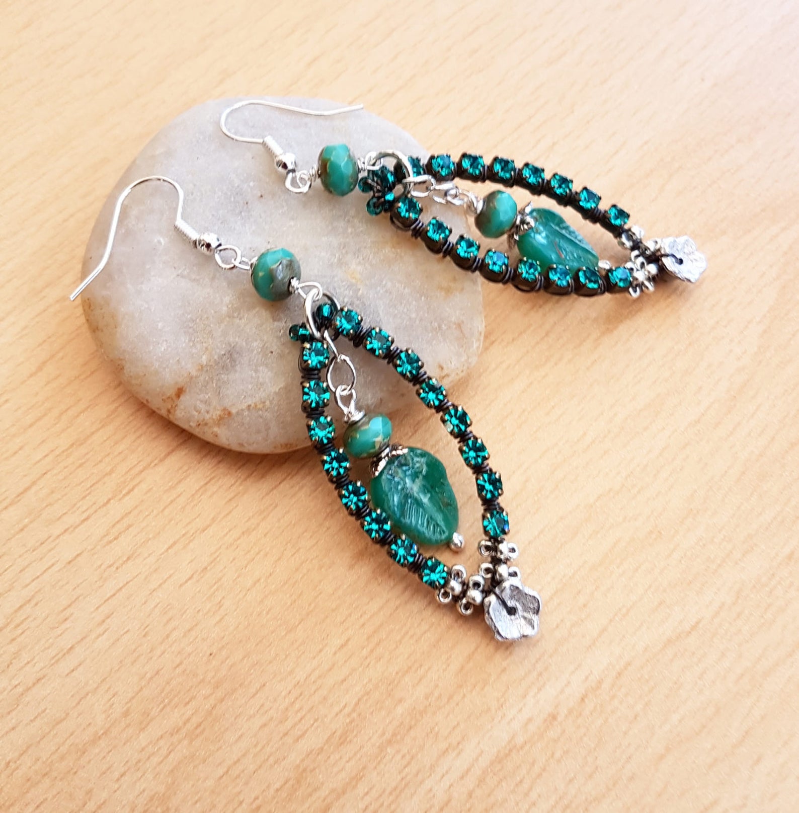 Rhinestone Earrings Lamp Work Earrings Green Bead Earring Etsy UK