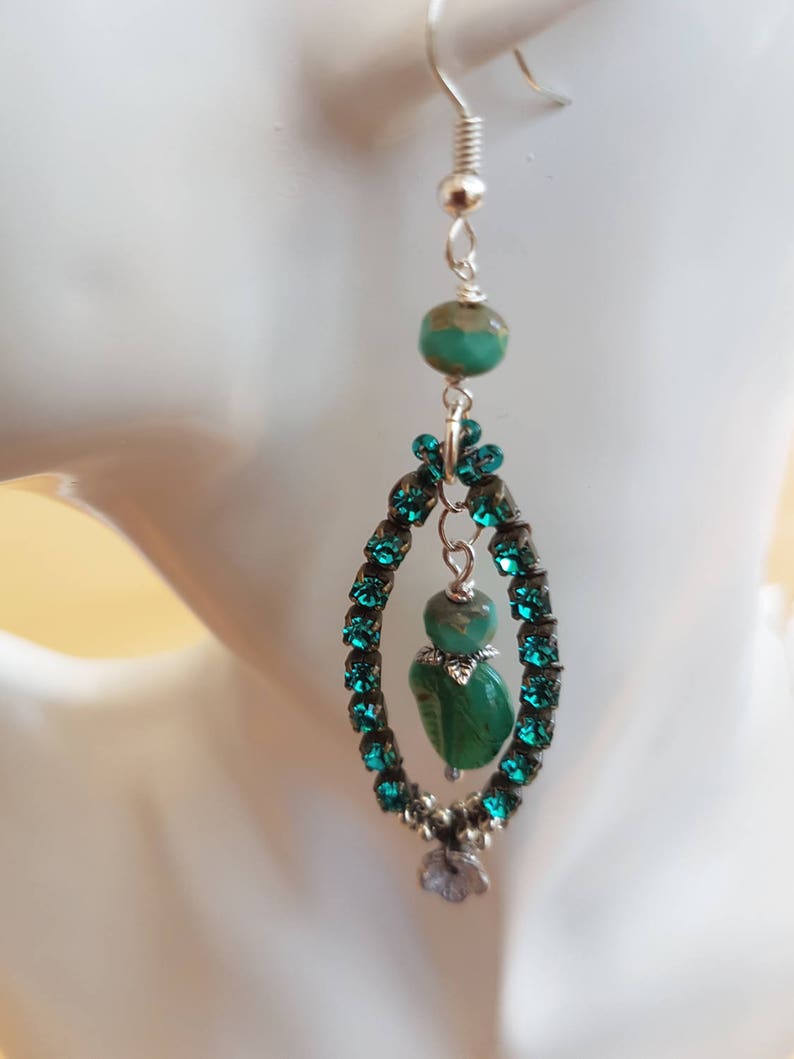Rhinestone Earrings Lamp Work Earrings Green Bead Earring Etsy UK