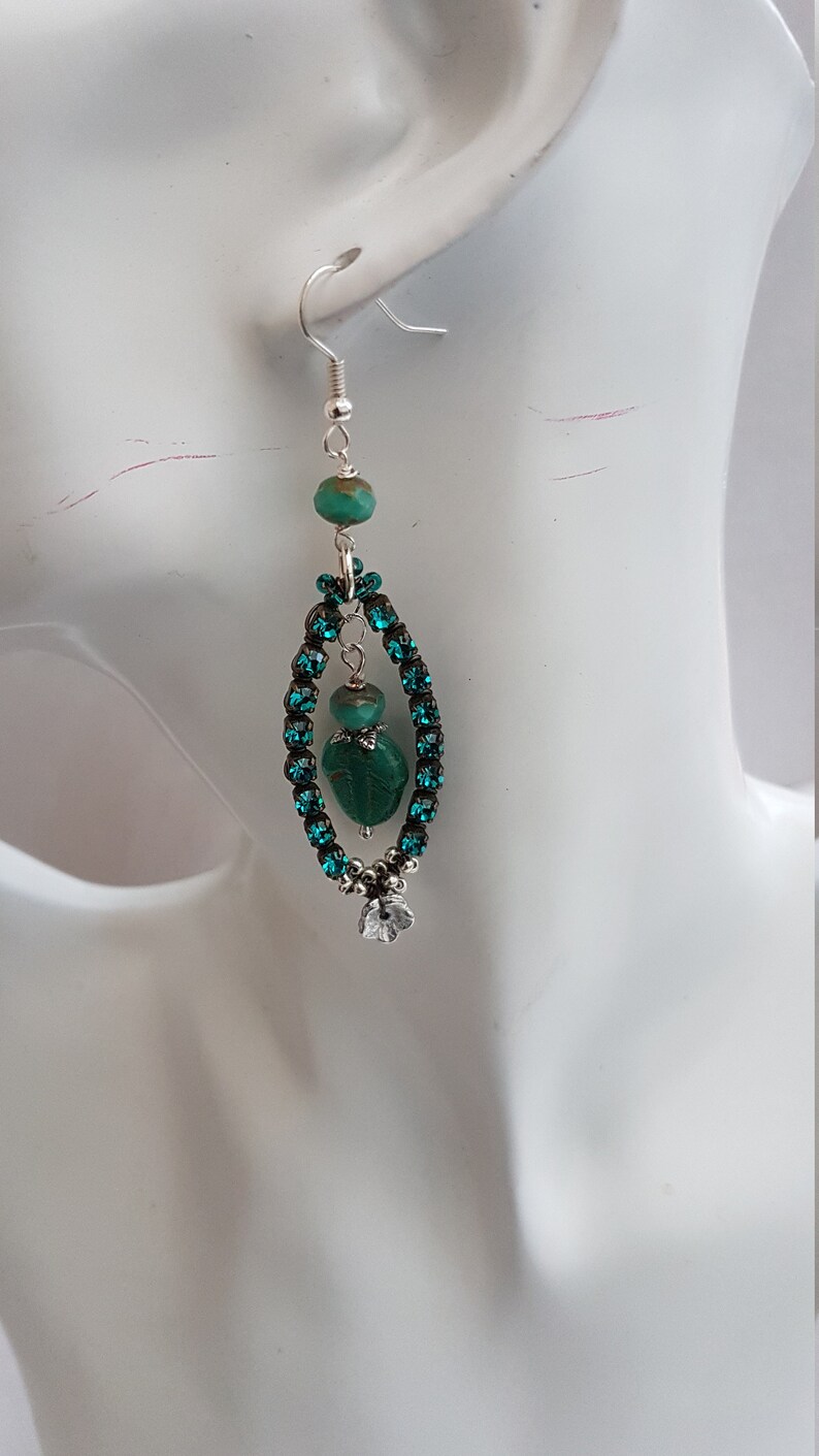 Rhinestone Earrings Lamp Work Earrings Green Bead Earring Etsy UK