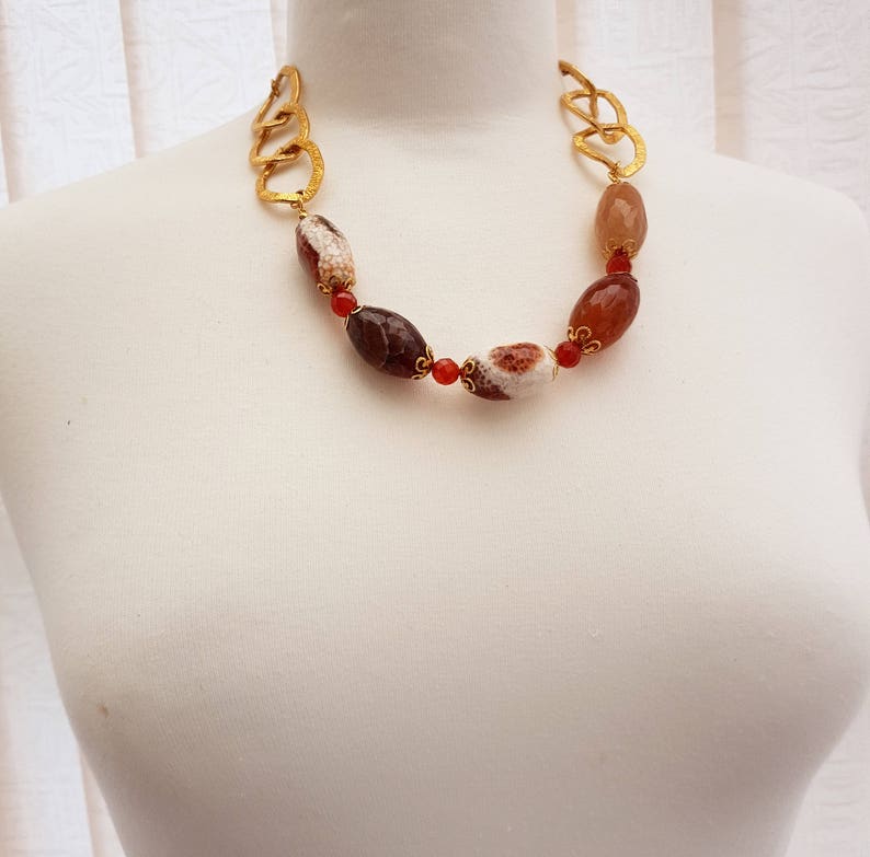 REDUCE, Chunky Necklace, Agate Carnelian , Gold Chain Necklace, Women's ...