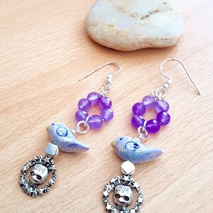 REDUCE Amethyst earrings, Polymer clay , Bird Earrings, Love charm earrings , Drop Earring, gift for her, purple earring, teenager jewellery