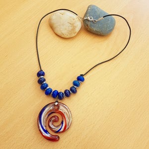 REDUCE  Glass pendant, Lapis lazuli, Leather cord with pendant, Glass and gemstone necklace, Women&#39;s gift, Leather jewellery, glass pendant