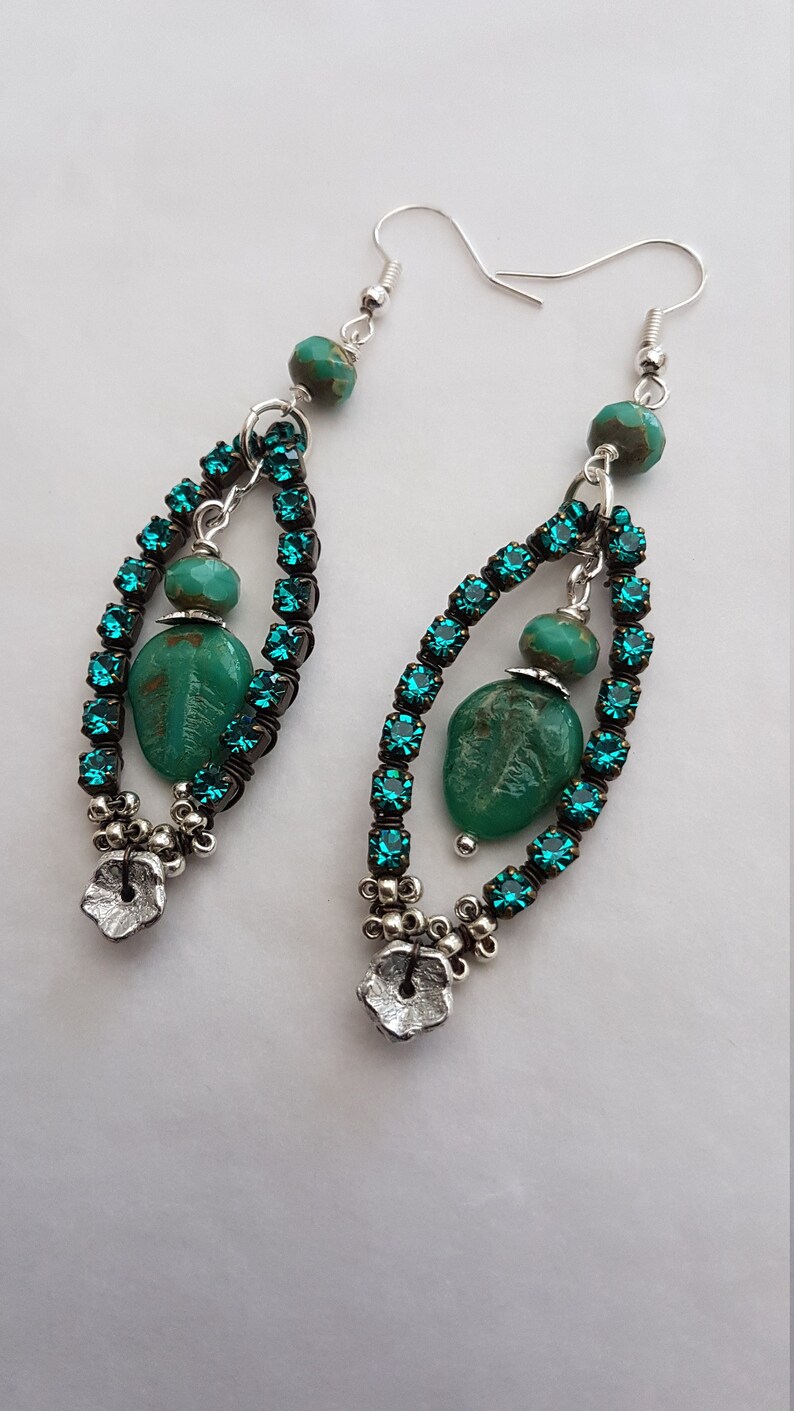 Rhinestone Earrings Lamp Work Earrings Green Bead Earring Etsy UK
