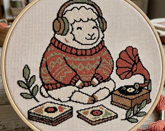 Cozy Sheep Headphones Cross Stitch Pattern, Vinyl Record Lover Gift (PDF Download)