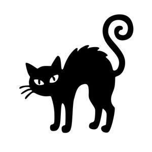 May include: A black silhouette of a cat with an arched back and a curled tail. The cat is depicted in a side profile view with pointed ears, visible whiskers, and two white almond-shaped eyes. The design is solid black against a white background.