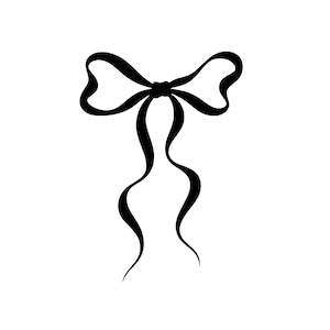 May include: A solid black graphic illustration of a decorative bow. The design features two symmetrical loops at the top and two long, flowing ribbon tails that extend downwards, creating a simple and clean silhouette against a plain background.