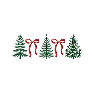 May include: A horizontal graphic design featuring three dark green pine trees alternating with two red bows. The central pine tree is topped with a small green star, while the other two trees have a simple, pointed silhouette.